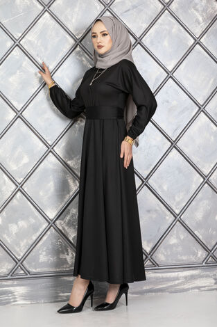 Boydan Düğmeli Kuşaklı Tesettür Elbise Siyah - Thumbnail