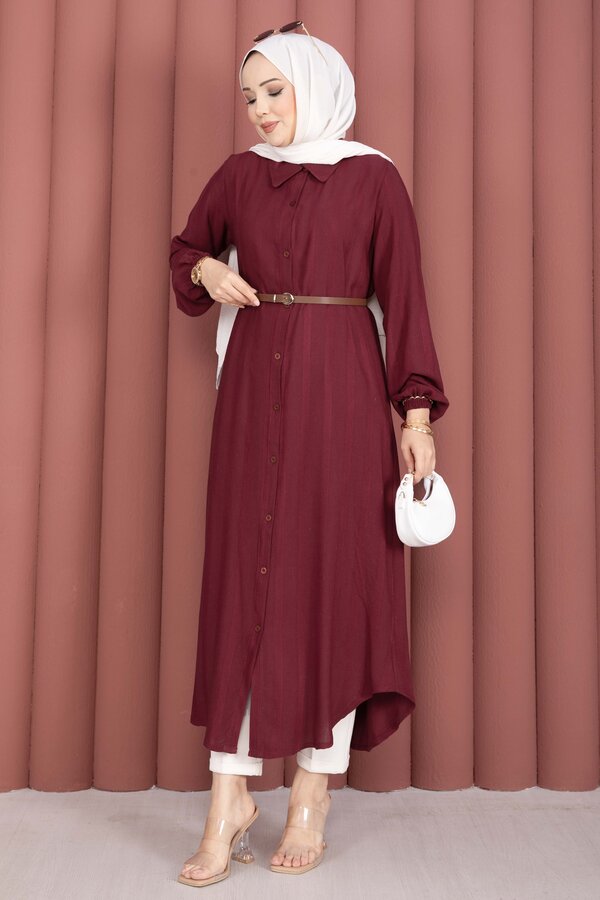 Boydan Düğmeli Salaş Gömlek Tunik Bordo - 3