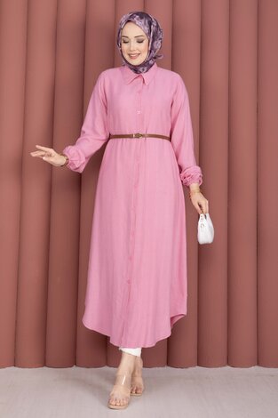 Boydan Düğmeli Salaş Gömlek Tunik Pembe