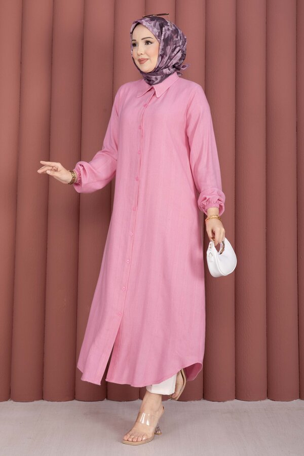 Boydan Düğmeli Salaş Gömlek Tunik Pembe - 3