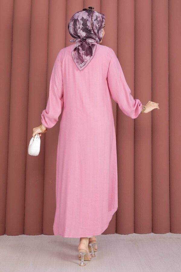 Boydan Düğmeli Salaş Gömlek Tunik Pembe - 4