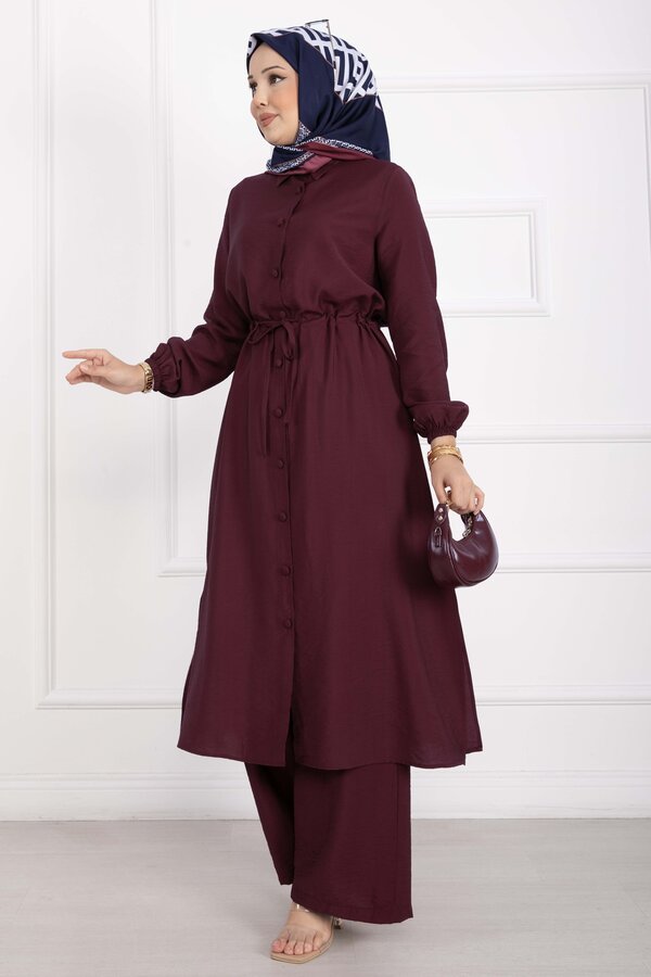 Boydan Düğmeli Uzun Tunik Pantolon Takım Bordo - 3