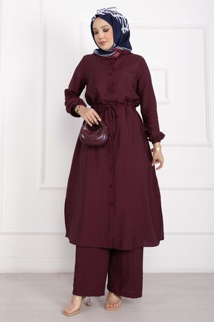 Boydan Düğmeli Uzun Tunik Pantolon Takım Bordo