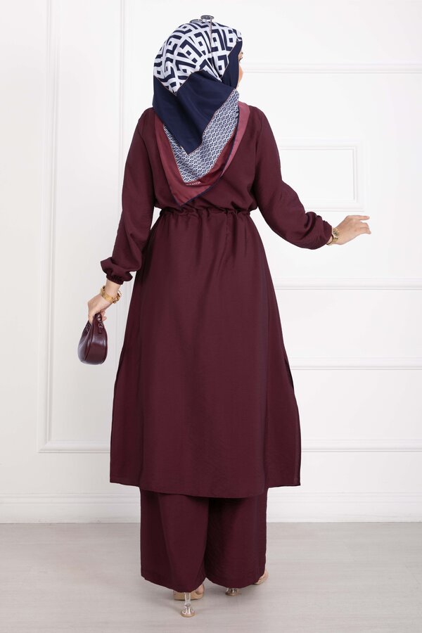 Boydan Düğmeli Uzun Tunik Pantolon Takım Bordo - 4