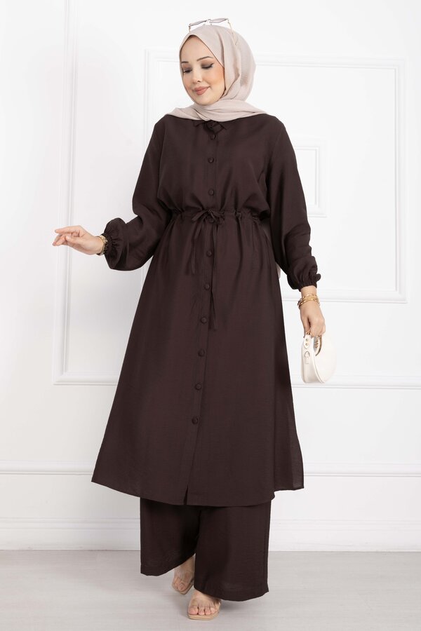 Boydan Düğmeli Uzun Tunik Pantolon Takım Kahve - 3