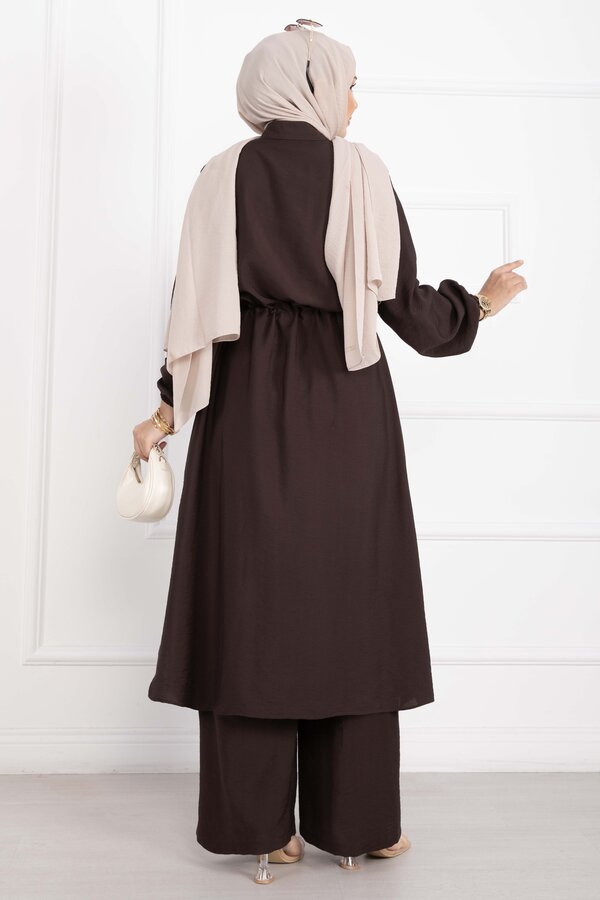 Boydan Düğmeli Uzun Tunik Pantolon Takım Kahve - 4