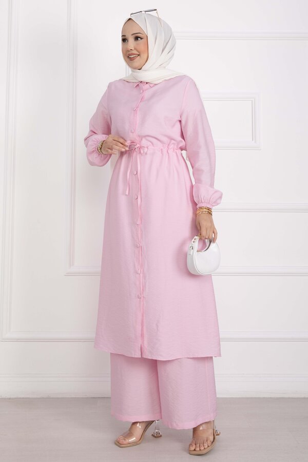 Boydan Düğmeli Uzun Tunik Pantolon Takım Pembe - 3