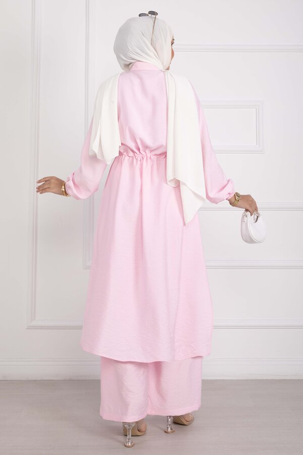 Boydan Düğmeli Uzun Tunik Pantolon Takım Pembe - 4
