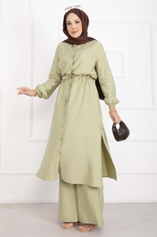 Boydan Düğmeli Uzun Tunik Pantolon Takım Yeşil Olive