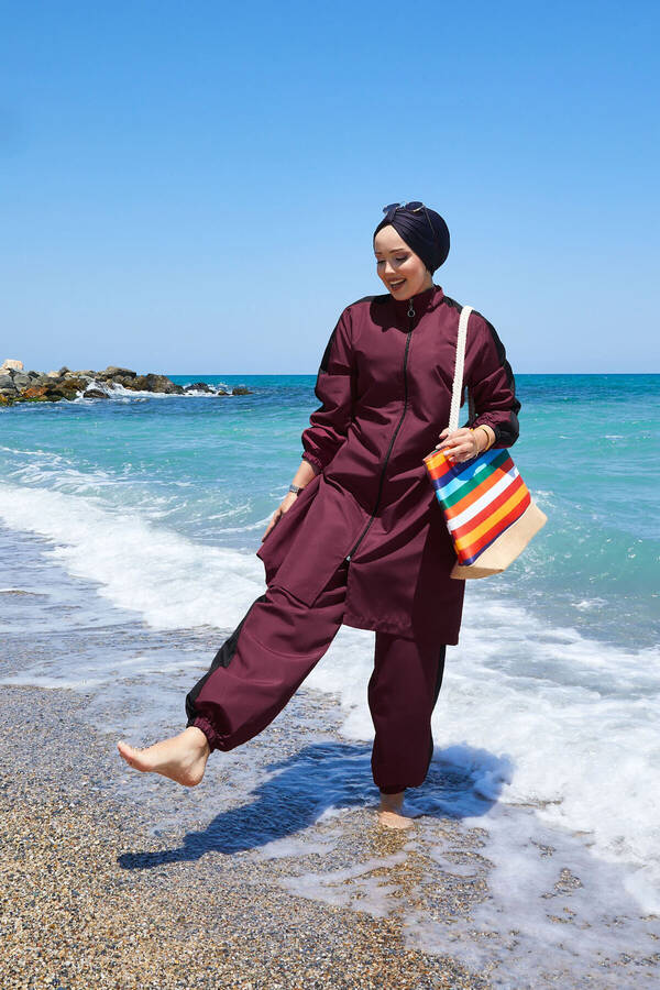 Boydan Fermuarlı Garnili Tesettür Mayo koyu bordo