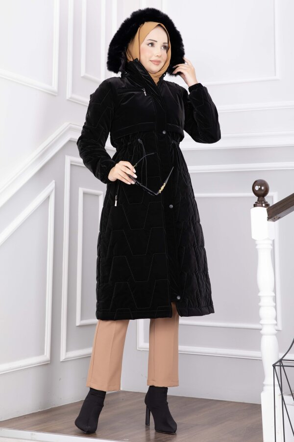 Boydan Fermuarlı Kürk Kapüşonlu Uzun Nova Kaban Siyah - 3