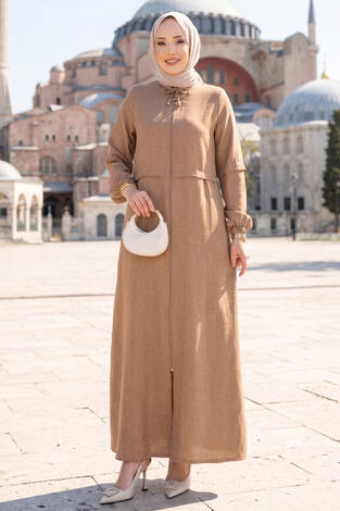 Boydan Fermuarlı Tesettür Ferace Camel