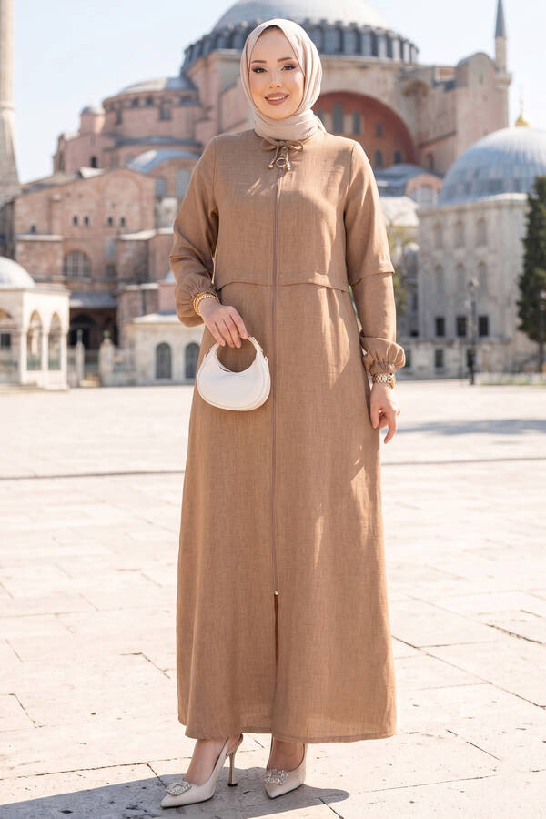 Tkm - Boydan Fermuarlı Tesettür Ferace Camel