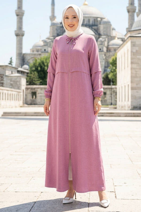 Tkm - Boydan Fermuarlı Tesettür Ferace Gülkurusu