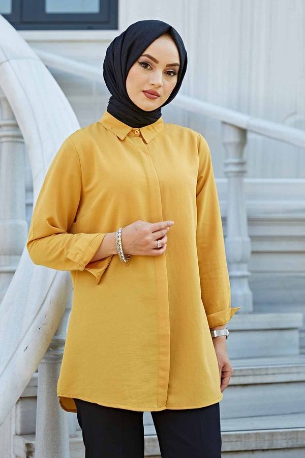 MD - Boydan Gizli Düğmeli Tesettür Gömlek 100MD10202 Hardal (1)