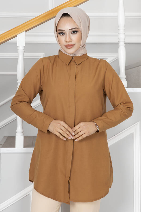 MD - Boydan Gizli Düğmeli Gömlek 100MD10202 Taba (1)