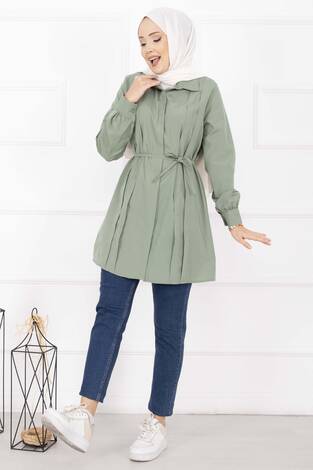 Boydan Gizli Düğmeli Pile Detaylı Tesettür Gömlek Çağla Yeşili - Thumbnail