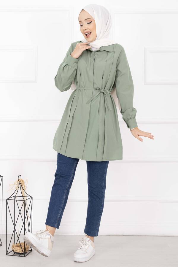 Asm - Boydan Gizli Düğmeli Pile Detaylı Tesettür Gömlek Çağla Yeşili