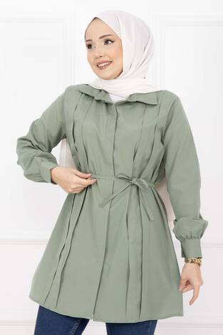 Boydan Gizli Düğmeli Pile Detaylı Tesettür Gömlek Çağla Yeşili - Thumbnail