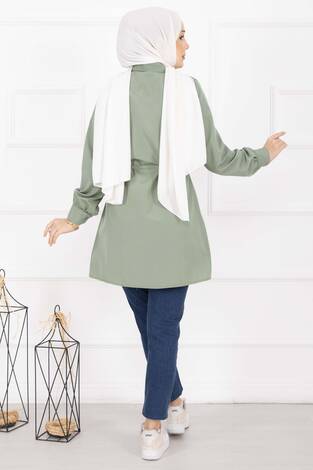 Boydan Gizli Düğmeli Pile Detaylı Tesettür Gömlek Çağla Yeşili - Thumbnail