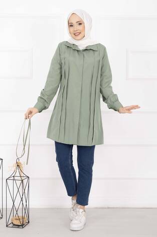 Boydan Gizli Düğmeli Pile Detaylı Tesettür Gömlek Çağla Yeşili - Thumbnail