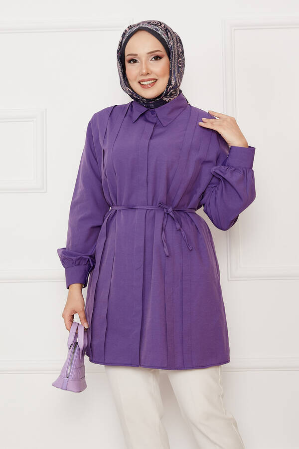 Asm - Boydan Gizli Düğmeli Pile Detaylı Tesettür Gömlek Mor (1)