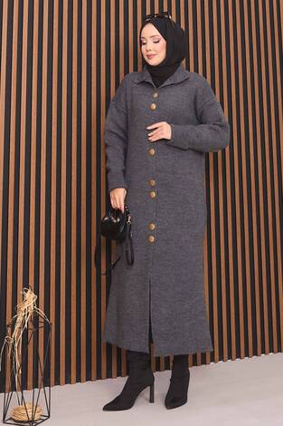 Boydan Gold Düğmeli Tesettür Triko Hırka Antrasit - Thumbnail