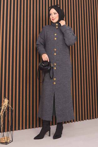 Boydan Gold Düğmeli Tesettür Triko Hırka Antrasit - Thumbnail