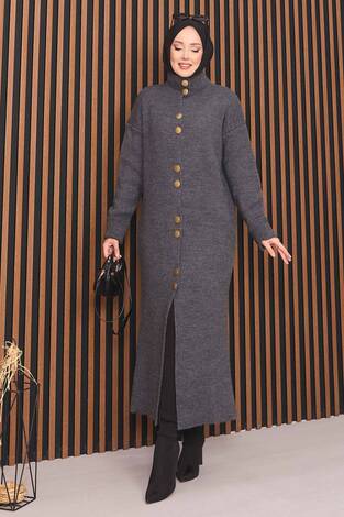 Boydan Gold Düğmeli Tesettür Triko Hırka Antrasit - Thumbnail