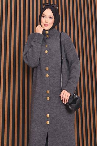 Boydan Gold Düğmeli Tesettür Triko Hırka Antrasit - Thumbnail
