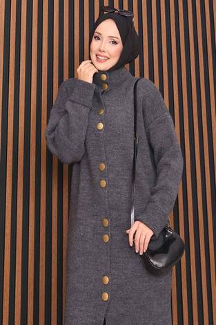 Boydan Gold Düğmeli Tesettür Triko Hırka Antrasit - Thumbnail