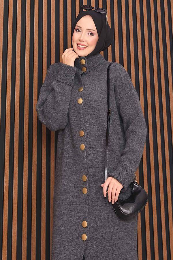 RAF - Boydan Gold Düğmeli Tesettür Triko Hırka Antrasit (1)