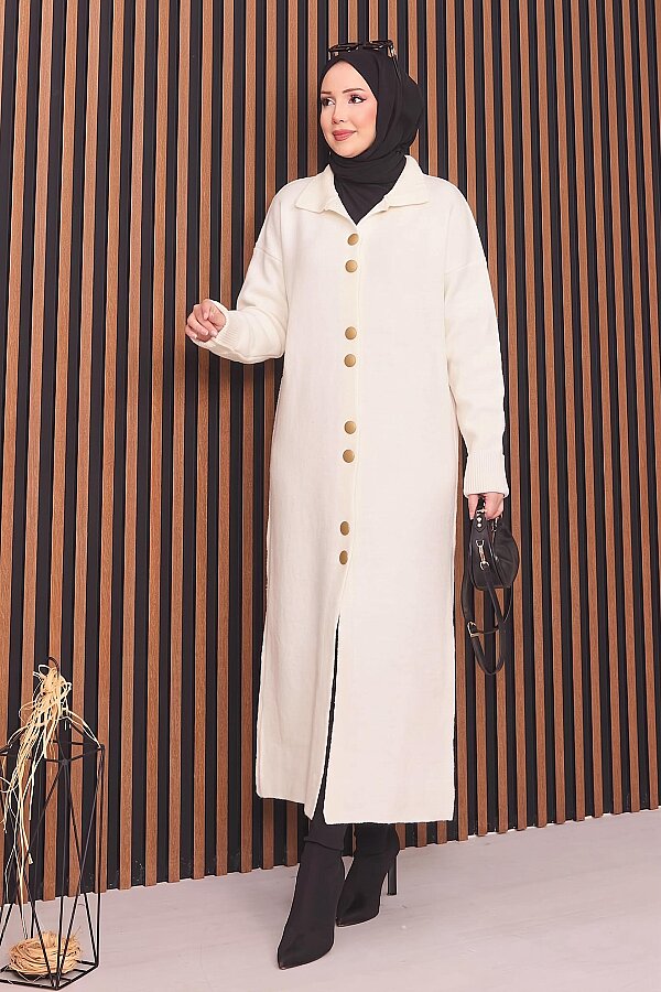 Boydan Gold Düğmeli Tesettür Triko Hırka Ekru - 3