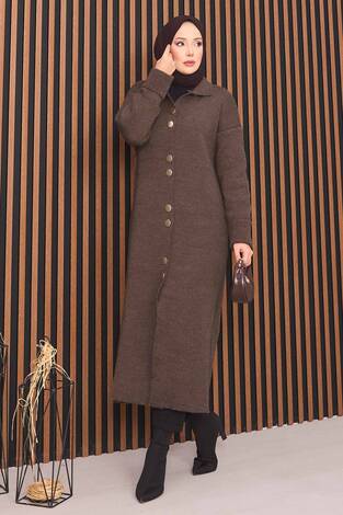 Boydan Gold Düğmeli Tesettür Triko Hırka Kahve