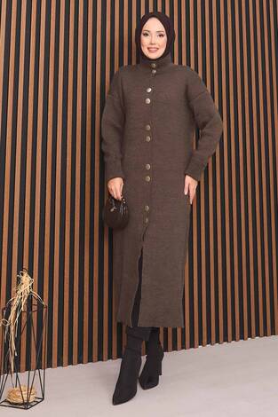 Boydan Gold Düğmeli Tesettür Triko Hırka Kahve - Thumbnail