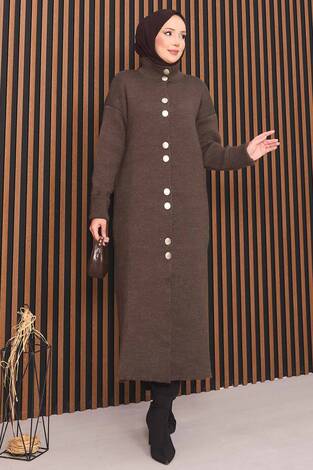 Boydan Gold Düğmeli Tesettür Triko Hırka Kahve - Thumbnail
