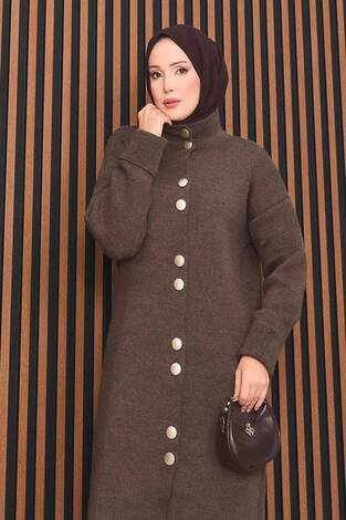 Boydan Gold Düğmeli Tesettür Triko Hırka Kahve - Thumbnail