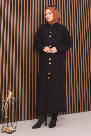 Boydan Gold Düğmeli Tesettür Triko Hırka Siyah - Thumbnail