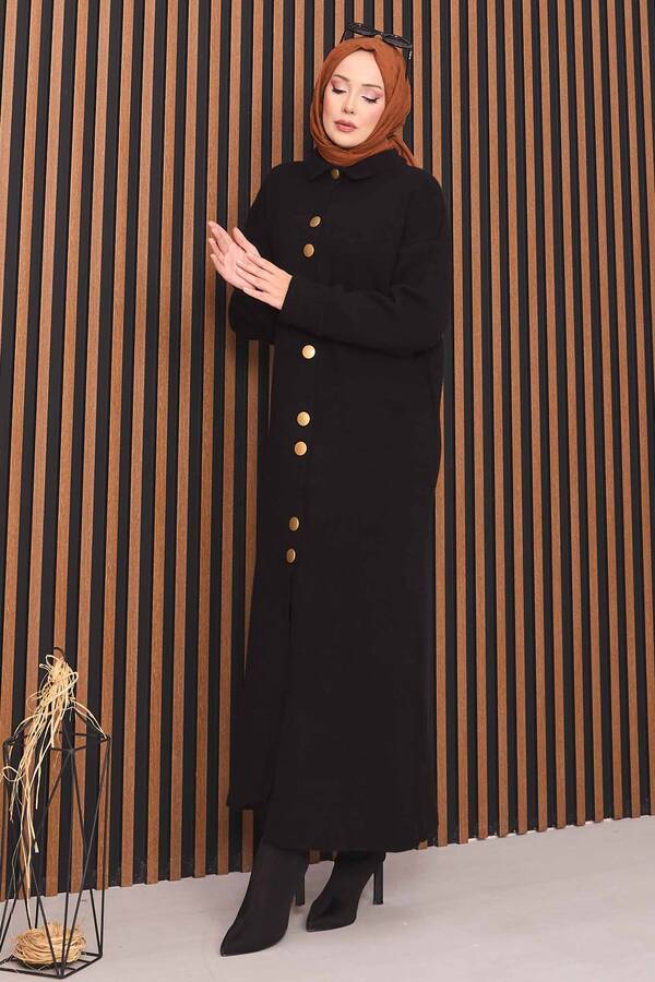 RAF - Boydan Gold Düğmeli Tesettür Triko Hırka Siyah