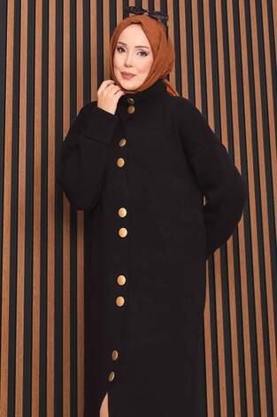 Boydan Gold Düğmeli Tesettür Triko Hırka Siyah - Thumbnail