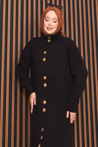 Boydan Gold Düğmeli Tesettür Triko Hırka Siyah - Thumbnail