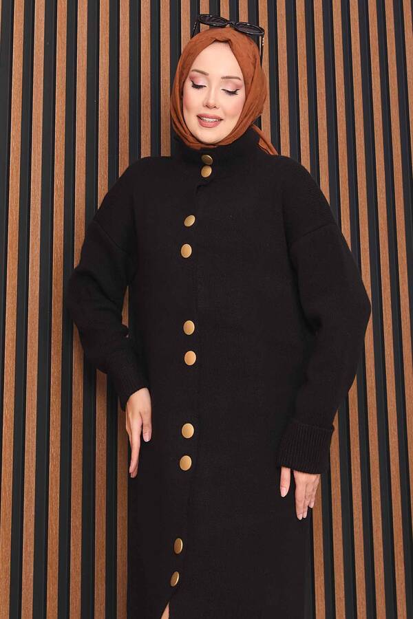 RAF - Boydan Gold Düğmeli Tesettür Triko Hırka Siyah (1)