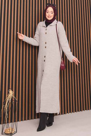 Boydan Gold Düğmeli Tesettür Triko Hırka Taş - Thumbnail