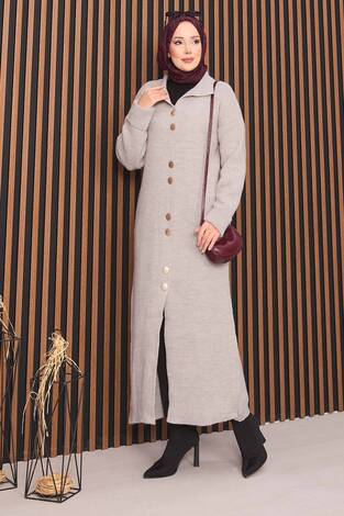 Boydan Gold Düğmeli Tesettür Triko Hırka Taş - Thumbnail