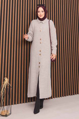 Boydan Gold Düğmeli Tesettür Triko Hırka Taş - Thumbnail