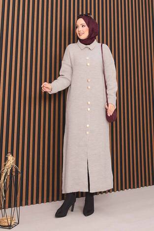 Boydan Gold Düğmeli Tesettür Triko Hırka Taş - Thumbnail