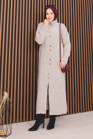 Boydan Gold Düğmeli Tesettür Triko Hırka Taş - Thumbnail