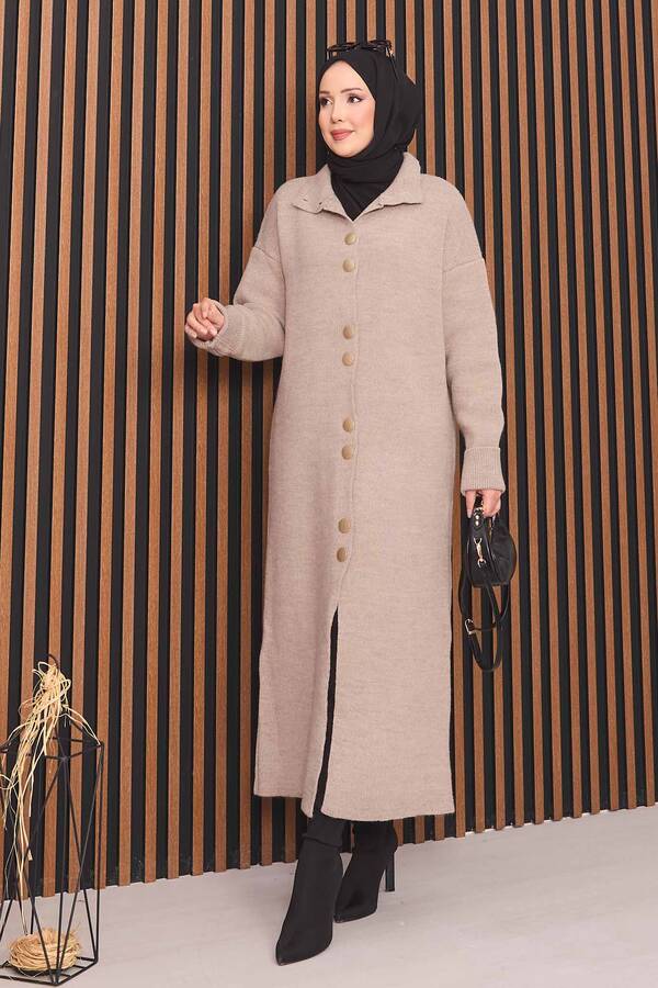 RAF - Boydan Gold Düğmeli Tesettür Triko Hırka Vizon