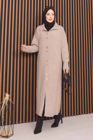 Boydan Gold Düğmeli Tesettür Triko Hırka Vizon - Thumbnail