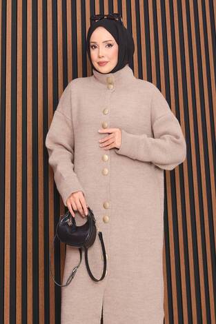 Boydan Gold Düğmeli Tesettür Triko Hırka Vizon - Thumbnail